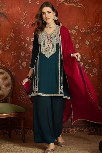Women teal vichitra silk embroidered kurta set