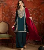 Women teal vichitra silk embroidered kurta set