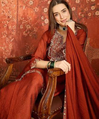 Women rust pure silk embroidered kurta set 2