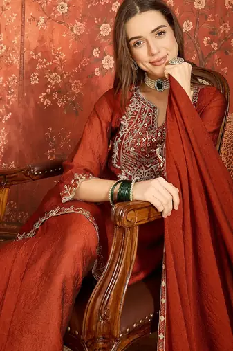Women rust pure silk embroidered kurta set