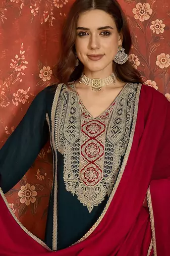 Women teal vichitra silk embroidered kurta set