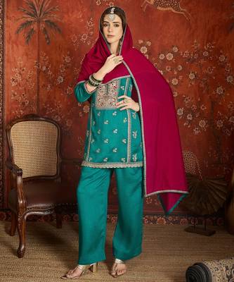 Women blue vichitra silk embroidered kurta set 1