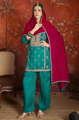 Women blue vichitra silk embroidered kurta set