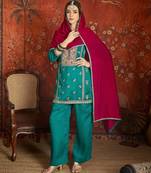 Women blue vichitra silk embroidered kurta set