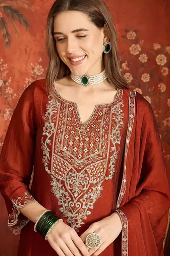 Women rust pure silk embroidered kurta set