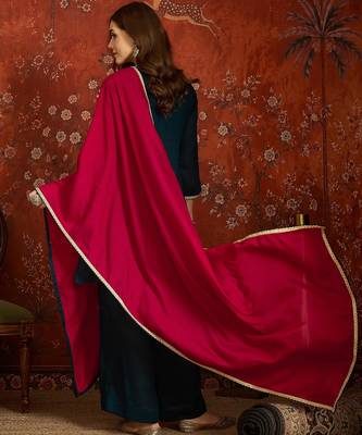 Women teal vichitra silk embroidered kurta set 3