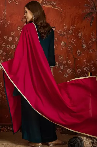Women teal vichitra silk embroidered kurta set