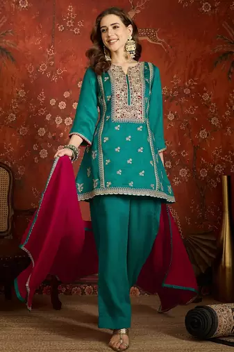 Women blue vichitra silk embroidered kurta set