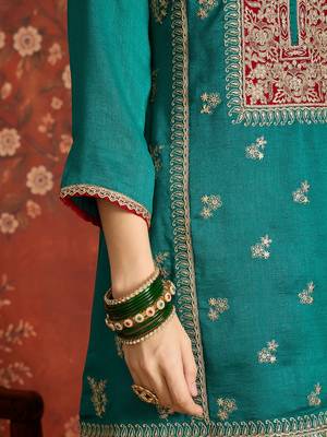 Women blue vichitra silk embroidered kurta set 5
