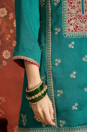 Women blue vichitra silk embroidered kurta set