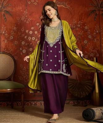 Women purple vichitra silk embroidered kurta set 1