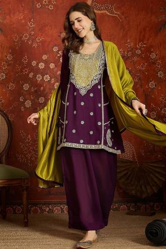 Women purple vichitra silk embroidered kurta set