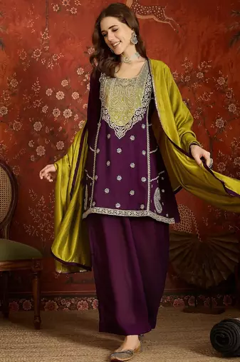 Women purple vichitra silk embroidered kurta set
