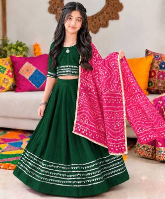 Dark green cotton gota patti kids lehenga choli with bandhani dupatta 1
