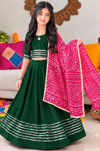 Dark green cotton gota patti kids lehenga choli with bandhani dupatta