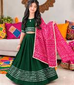 Dark green cotton gota patti kids lehenga choli with bandhani dupatta