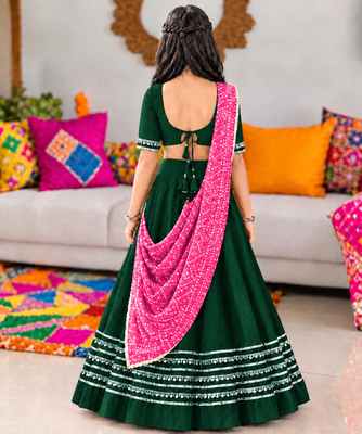 Dark green cotton gota patti kids lehenga choli with bandhani dupatta 2