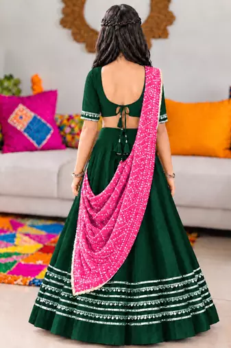 Dark green cotton gota patti kids lehenga choli with bandhani dupatta