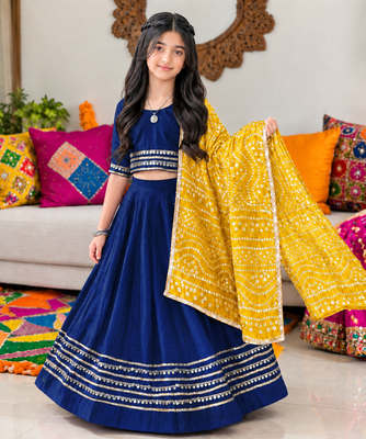 Navy blue cotton gota patti kids lehenga choli with bandhani dupatta 1