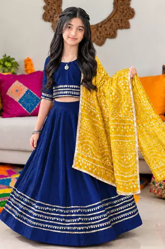 Navy blue cotton gota patti kids lehenga choli with bandhani dupatta