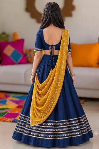 Navy blue cotton gota patti kids lehenga choli with bandhani dupatta