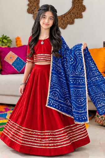 Red cotton gota patti kids lehenga choli with bandhani dupatta