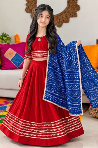 Red cotton gota patti kids lehenga choli with bandhani dupatta