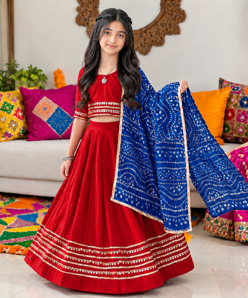 Red cotton gota patti kids lehenga choli with bandhani dupatta