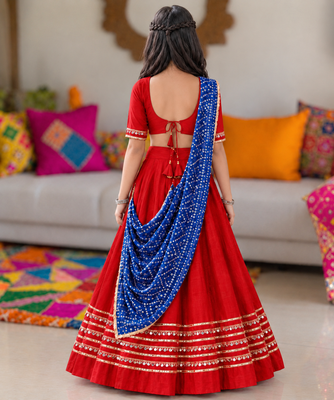 Red cotton gota patti kids lehenga choli with bandhani dupatta 2