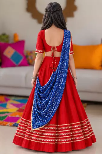Red cotton gota patti kids lehenga choli with bandhani dupatta