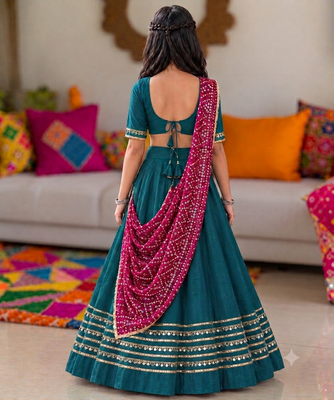 Teal blue cotton gota patti kids lehenga choli with bandhani dupatta 2