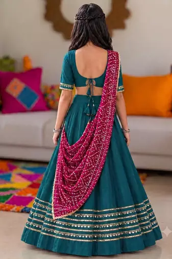 Teal blue cotton gota patti kids lehenga choli with bandhani dupatta