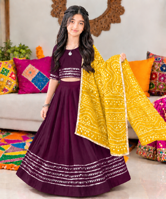 Wine cotton gota patti kids lehenga choli with bandhani dupatta 1