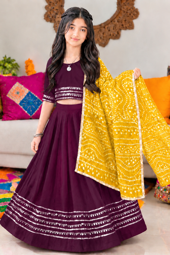 Wine cotton gota patti kids lehenga choli with bandhani dupatta