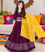 Wine cotton gota patti kids lehenga choli with bandhani dupatta