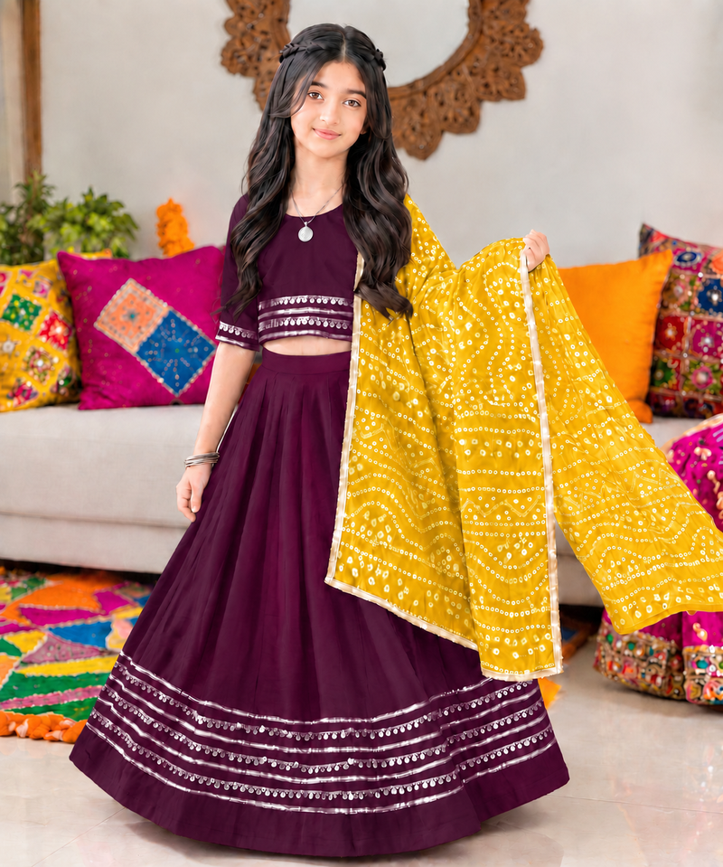 Wine cotton gota patti kids lehenga choli with bandhani dupatta