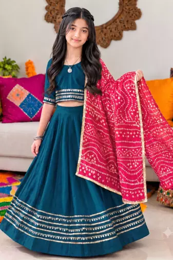 Teal blue cotton gota patti kids lehenga choli with bandhani dupatta