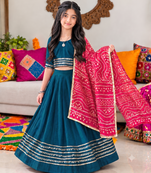 Teal blue cotton gota patti kids lehenga choli with bandhani dupatta
