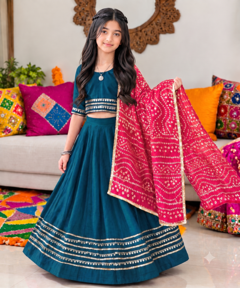 Teal blue cotton gota patti kids lehenga choli with bandhani dupatta