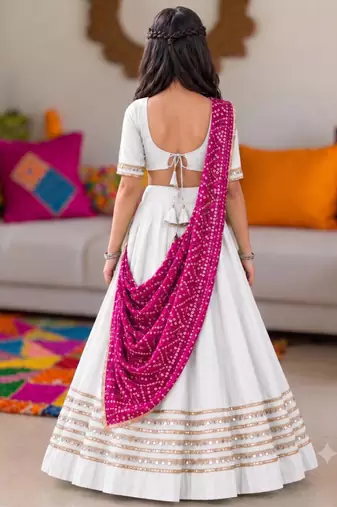 White cotton gota patti kids lehenga choli with bandhani dupatta