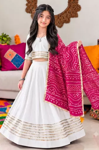 White cotton gota patti kids lehenga choli with bandhani dupatta
