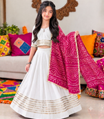 White cotton gota patti kids lehenga choli with bandhani dupatta