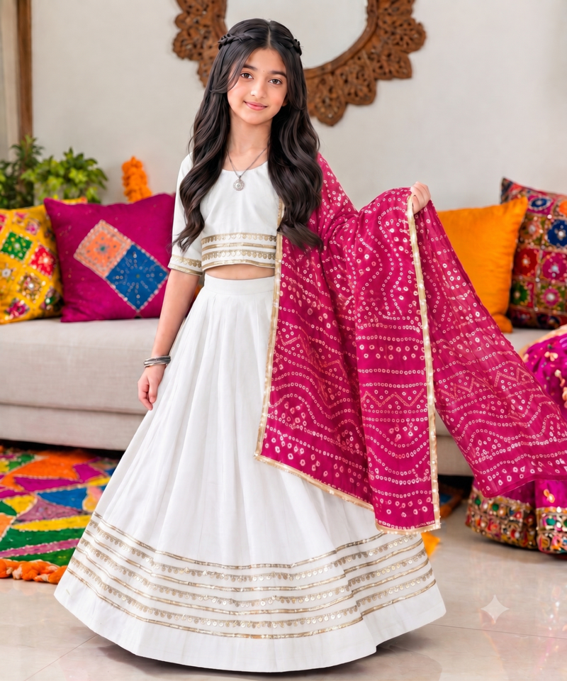 White cotton gota patti kids lehenga choli with bandhani dupatta
