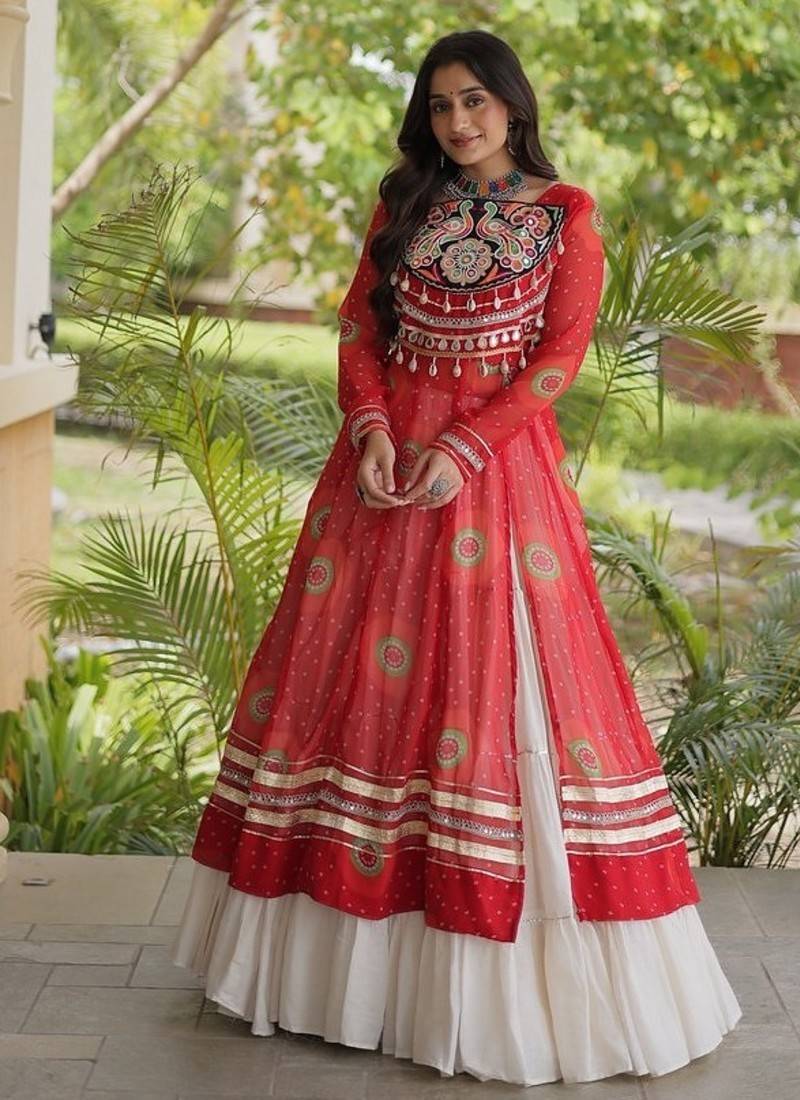 Bandhani Print Faux Georgette Kurti with Kora Cotton Lehenga - Full Stitched free size
