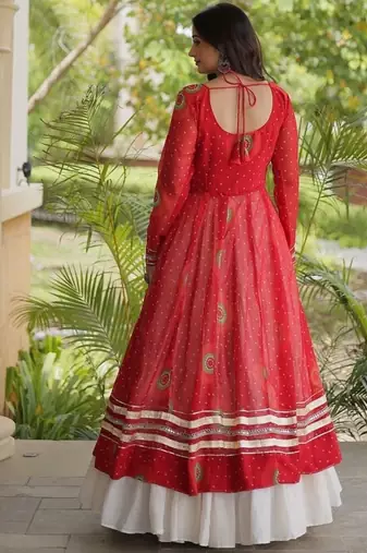 Bandhani Print Faux Georgette Kurti with Kora Cotton Lehenga - Full Stitched free size