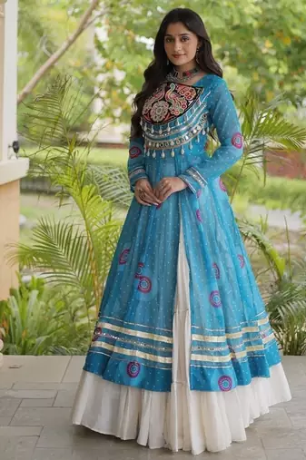 Bandhani Print Faux Georgette Kurti with Kora Cotton Lehenga - Full Stitched free size
