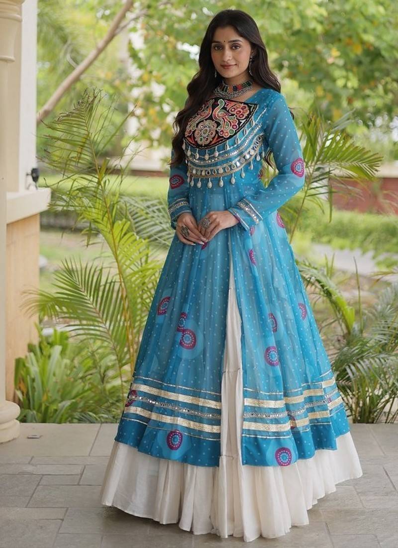 Bandhani Print Faux Georgette Kurti with Kora Cotton Lehenga - Full Stitched free size