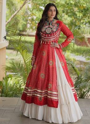 Bandhani Print Faux Georgette Kurti with Kora Cotton Lehenga - Full Stitched free size 3