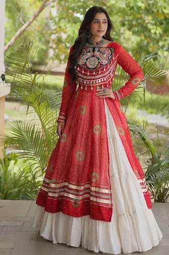 Bandhani Print Faux Georgette Kurti with Kora Cotton Lehenga - Full Stitched free size