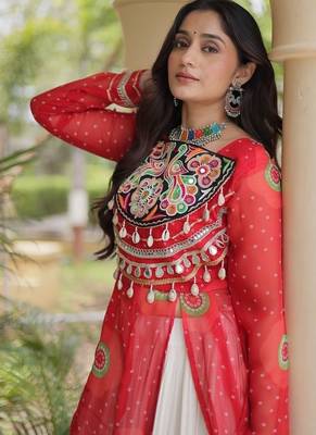 Bandhani Print Faux Georgette Kurti with Kora Cotton Lehenga - Full Stitched free size 4